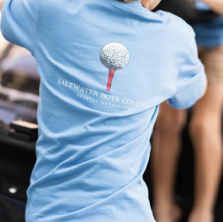 Tee Time Graphic T-Shirt in Parisian Blue with golf ball and tee design on back by Saltwater Boys