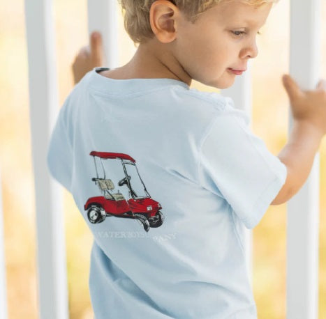 Red Golf Cart Graphic Tee in light blue by Saltwater Boys, laid flat