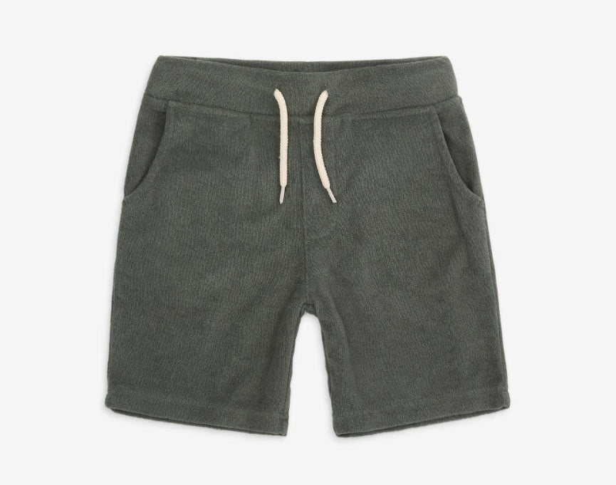 Sage-colored Appaman Camp Shorts with functional pockets, front view