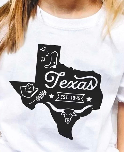 White kids' cotton tee with clean Texas state outline graphic