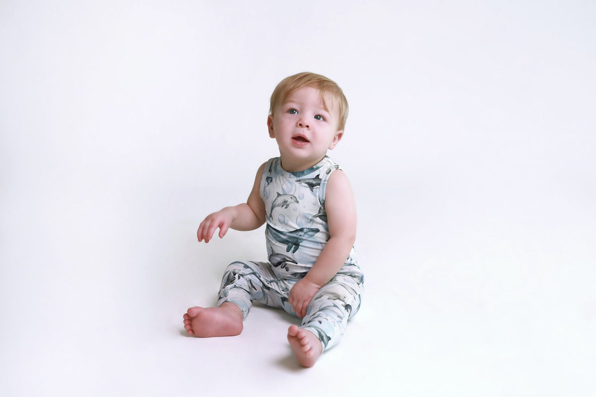 Posh Peanut Sharkly Racerback Romper in bamboo viscose with long pants and snap closures