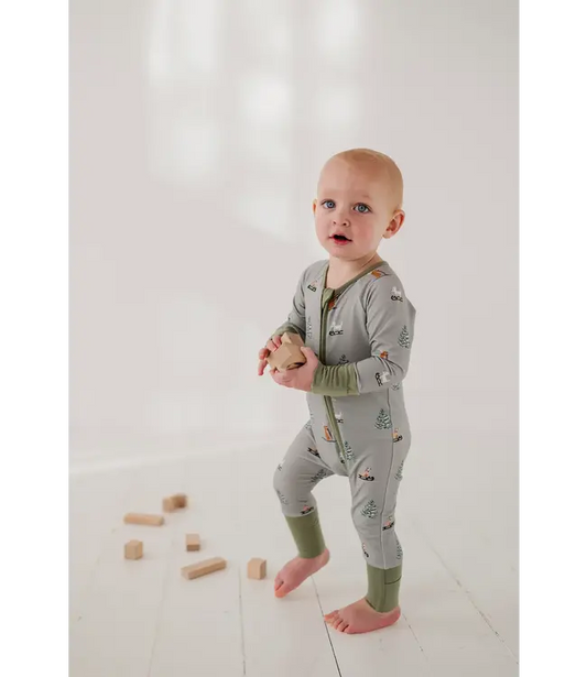 Sled Dogs Long Sleeve Zip Romper by Baby Sprouts in soft bamboo fabric