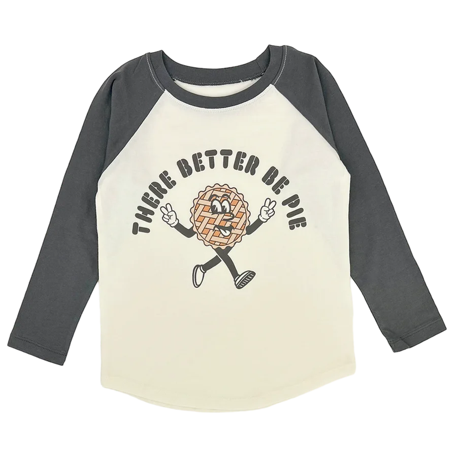 There Better Be Pie Baseball Tee in natural and faded black, featuring animated pie character graphic