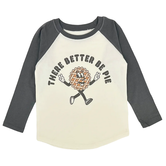 There Better Be Pie Baseball Tee in natural and faded black, featuring animated pie character graphic