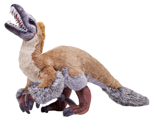 Wild Republic Artist-Dino Velociraptor 15" stuffed animal in muted tones, museum-quality detail