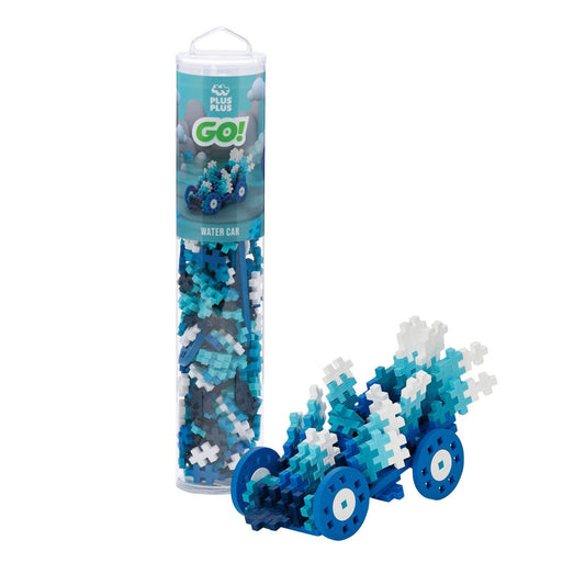 Plus-Plus Water Color Cars 200-piece building set in blue tones with chassis baseplate and wheels