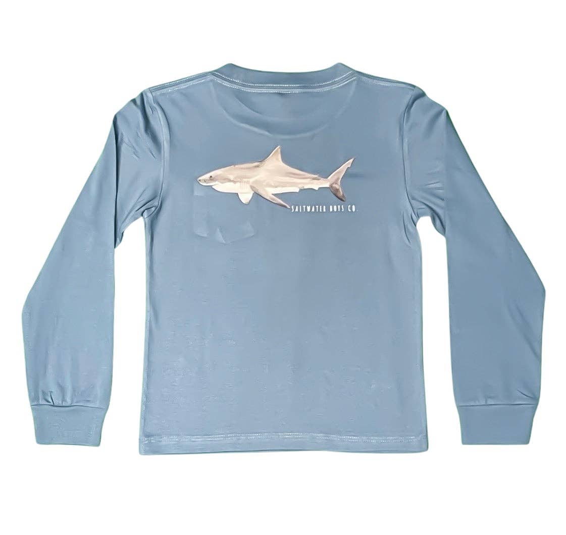 Great White Shark Graphic Pocket Tee Surf in soft Peruvian cotton by Saltwater Boys with chest pocket detail