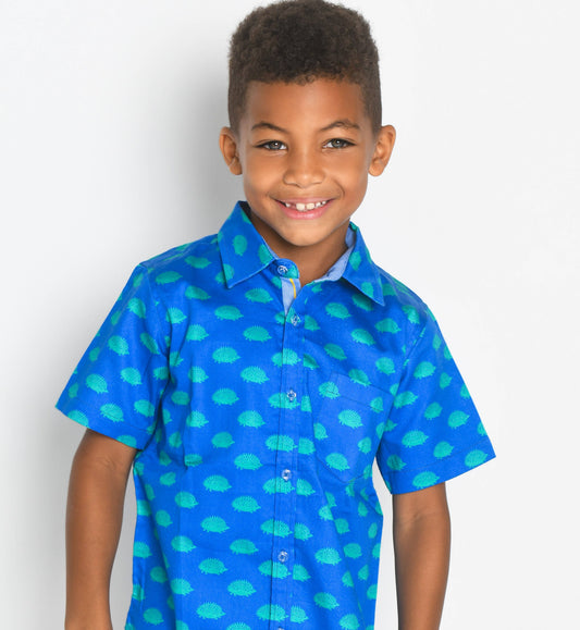 Hedgehogs in Blue shirt by TukTuk Designs in premium cotton with refined collar detailing