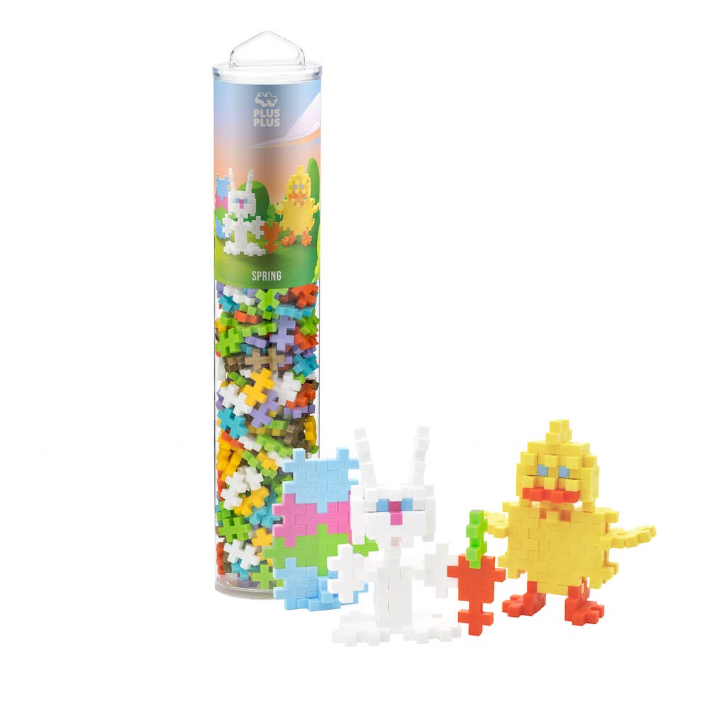 Plus-Plus Spring Mix 240-piece activity tube with building pieces in turquoise, lime green, and metallic gold