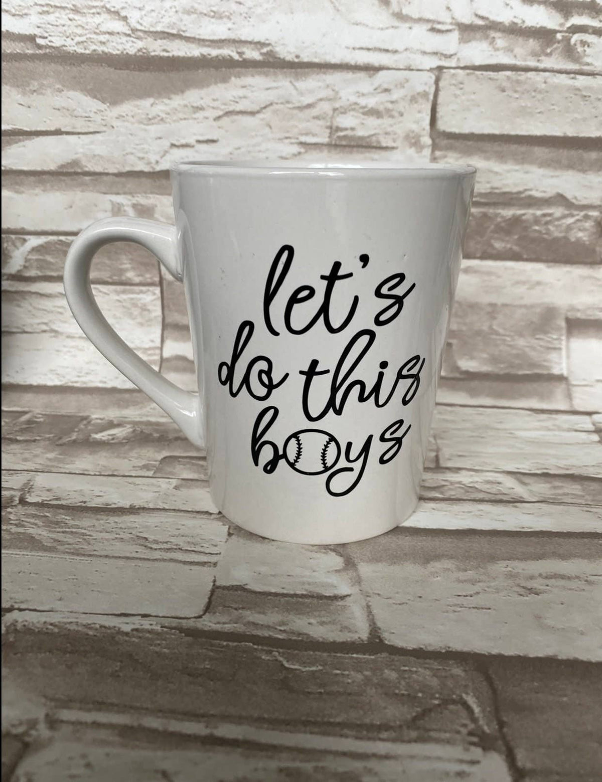 White ceramic baseball mug with permanent vinyl decal, 14 ounces, by Works of Panglossian