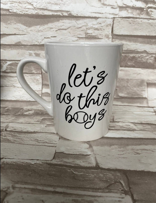 White ceramic baseball mug with permanent vinyl decal, 14 ounces, by Works of Panglossian