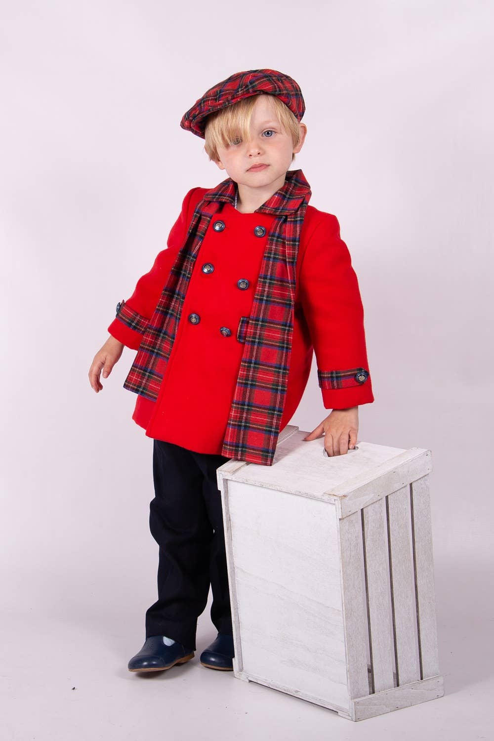 BEAU KiD red double-breasted coat, hat and scarf set with buffalo check detail