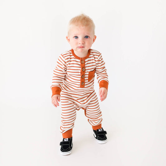 Tiny Trendsetter Inc. - L&T - Long Sleeve Wooden Button Romper- Terracotta Stripe