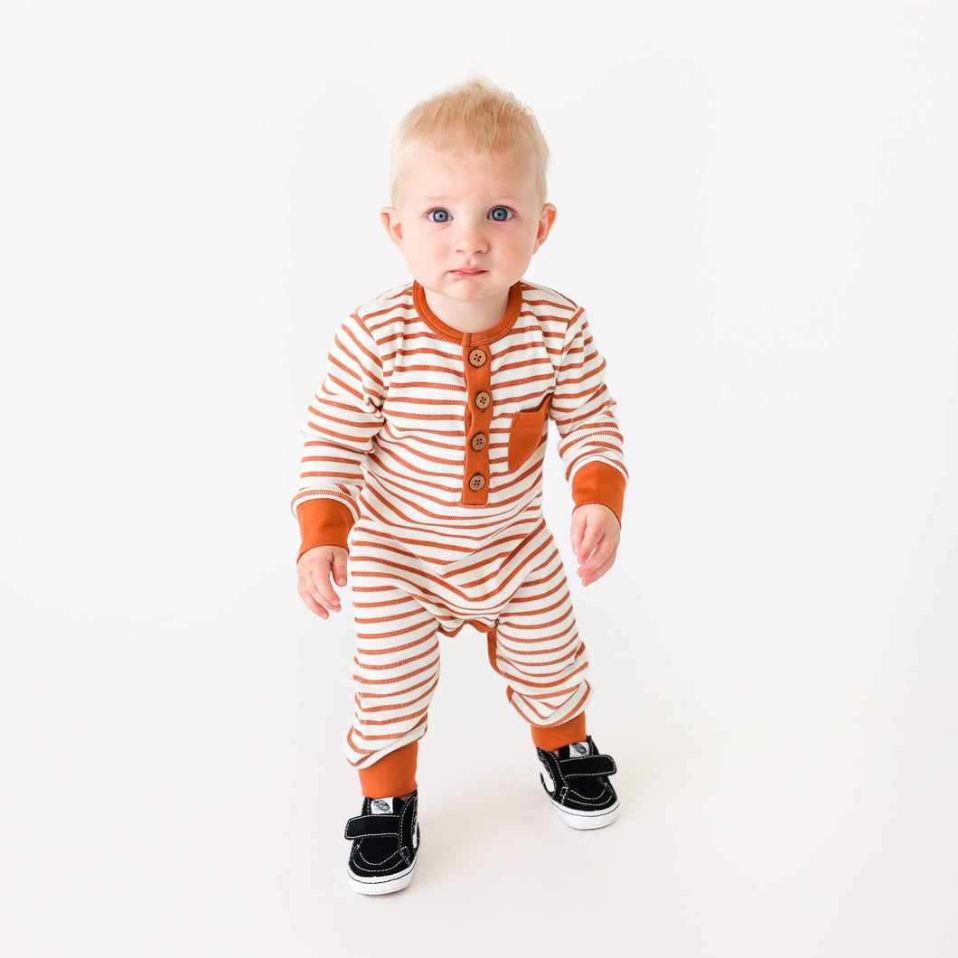Tiny Trendsetter Inc. - L&T - Long Sleeve Wooden Button Romper- Terracotta Stripe