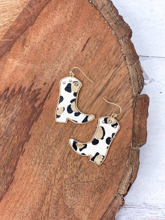 Textured Gold Metallic Rodeo White Cowboy Boot Dangle Earrings