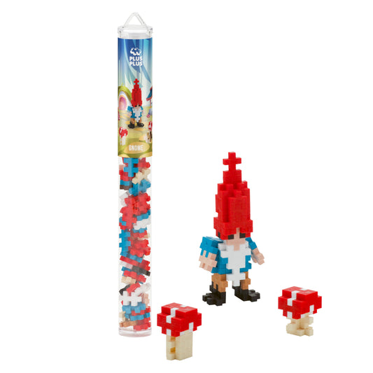 Plus-Plus Gnome tube activity toy with 70 interlocking plastic pieces in eight colors and instruction flyer