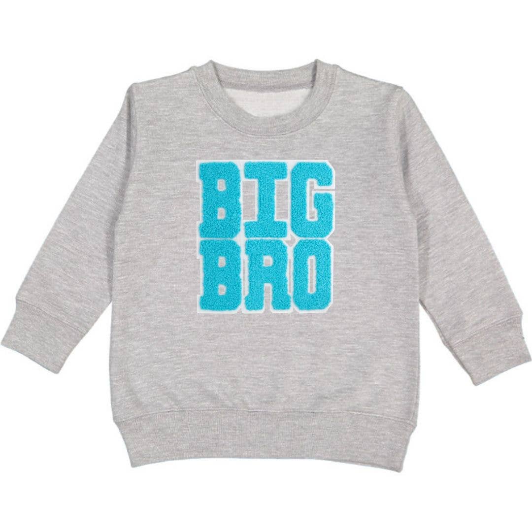 Gray crewneck sweatshirt with blue chenille and white outlined 'Big Bro' patch by Sweet Wink
