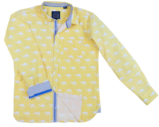 Sunny Dunes long sleeve shirt with camel print and contrasting collar ribbon detail by TukTuk Designs