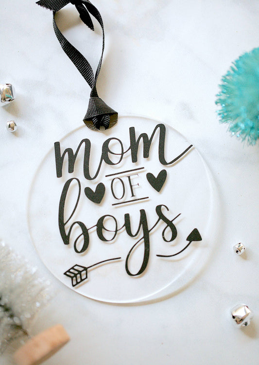 Clear acrylic Mom Of Boys ornament with black ribbon, 4 inches diameter, by Younique Ornaments