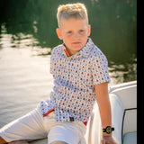 Anchors Aweigh button-up short sleeve shirt in cream with navy anchor and sailboat print, TukTuk Designs