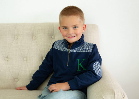 Youth Miller Pullover - Navy with Navy Gingham