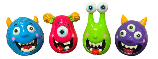 Assortment of four Kooky Monster Banks in polyresin; colorful, offbeat character designs for coin savings