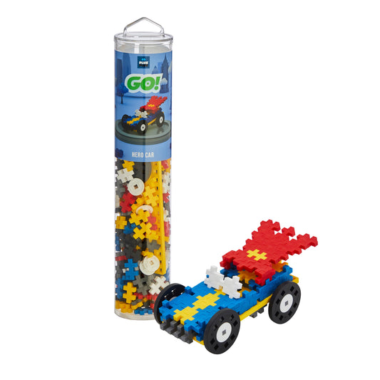 Plus-Plus Hero Color Cars 200-piece tube with assorted color pieces, wheels, and baseplate