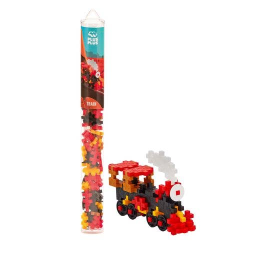 Plus-Plus Train tube with 70 interlocking pieces in red, black, mustard, white, and copper.