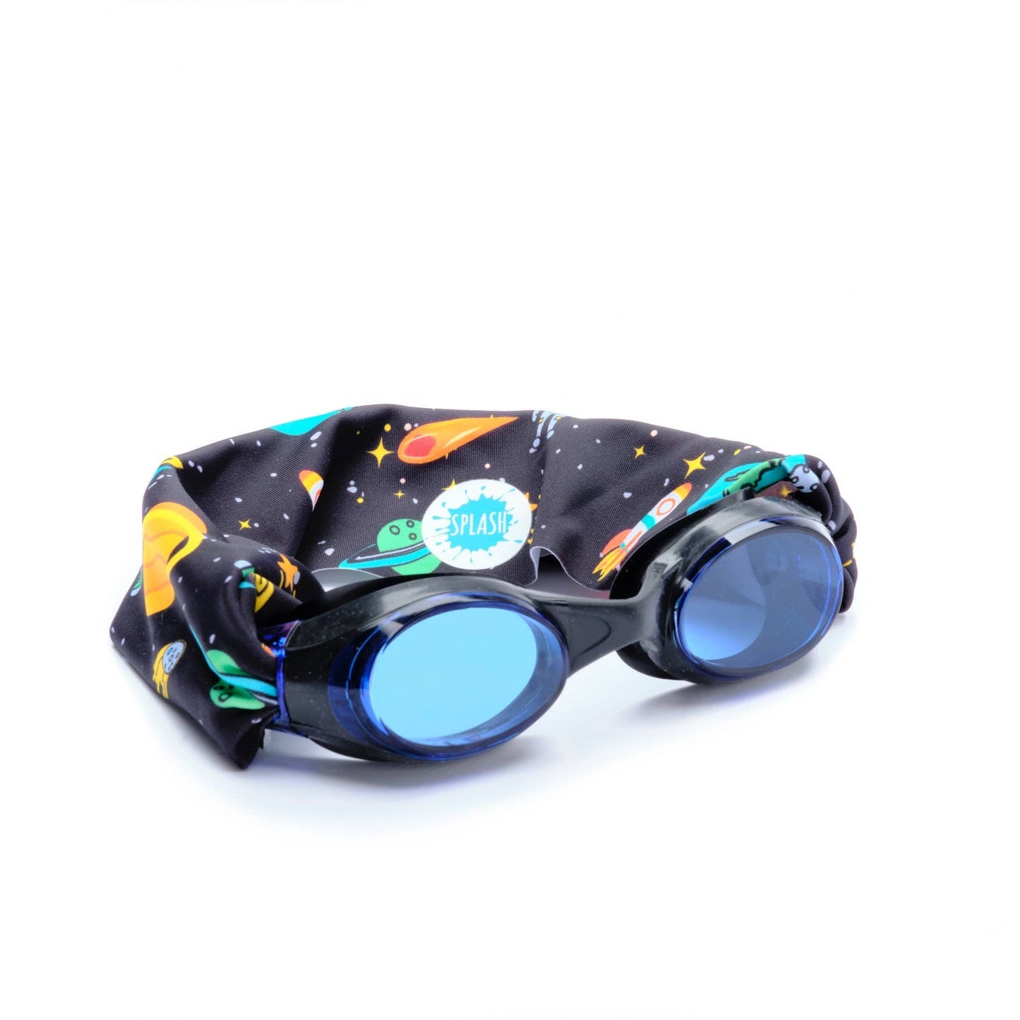 Galactic Explorer swim goggles with black frame, blue tinted lenses, and space-themed strap