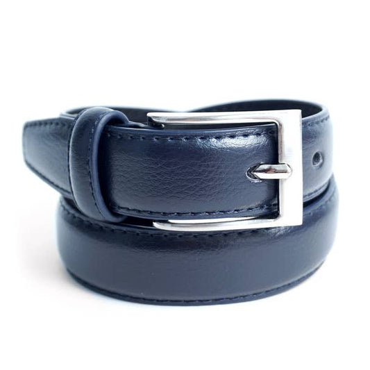 Selini New York navy leather dress belt with silver rectangle buckle