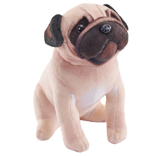 Realistic plush pug with sublimation-printed details and sound activation feature