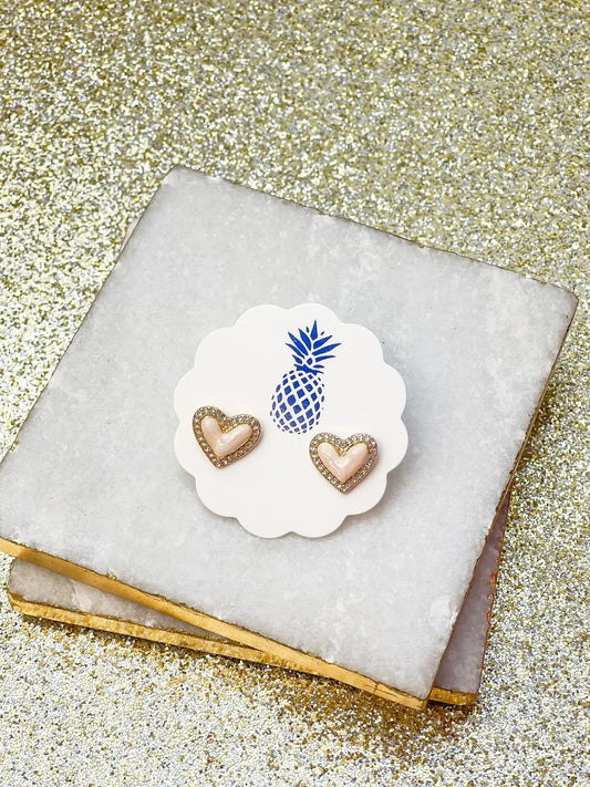Ivory pave enamel heart stud earrings with nickel-free posts by Prep Obsessed Wholesale