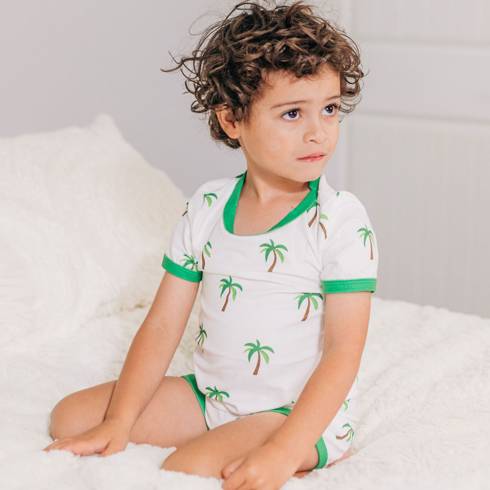 Palm Trees Short Lounge Set by Sugar Bee Clothing in white with green trim