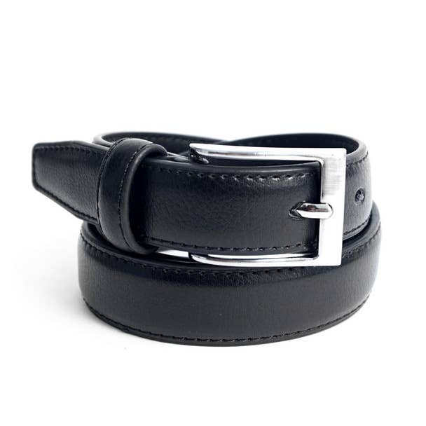 Black genuine leather dress belt with silver buckle by Selini New York