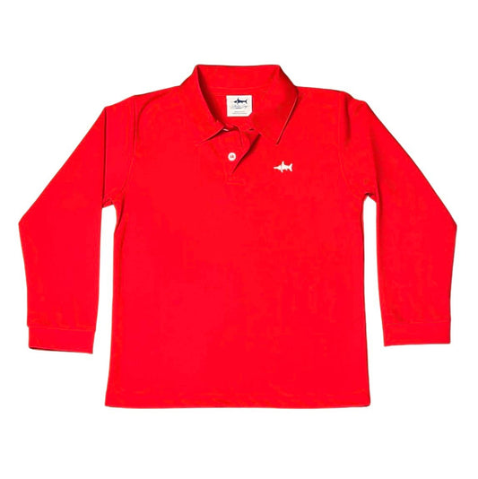 Saltwater Boys Company red long sleeve pima polo with embroidered marlin chest detail