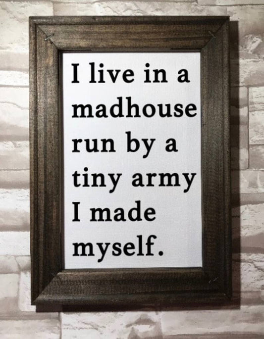 Framed canvas artwork with Dark Walnut stain featuring humorous text about parenting
