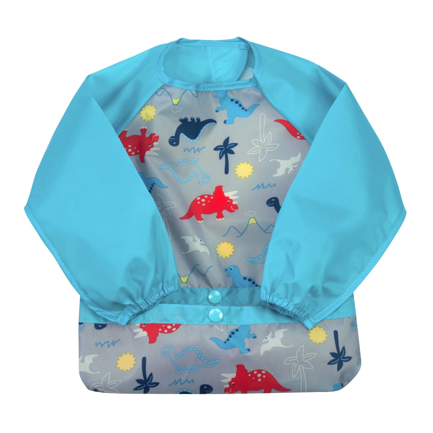 Green Sprouts Dinosaurs Snap & Go long sleeve waterproof bib with elasticized sleeves and hook-and-loop closure