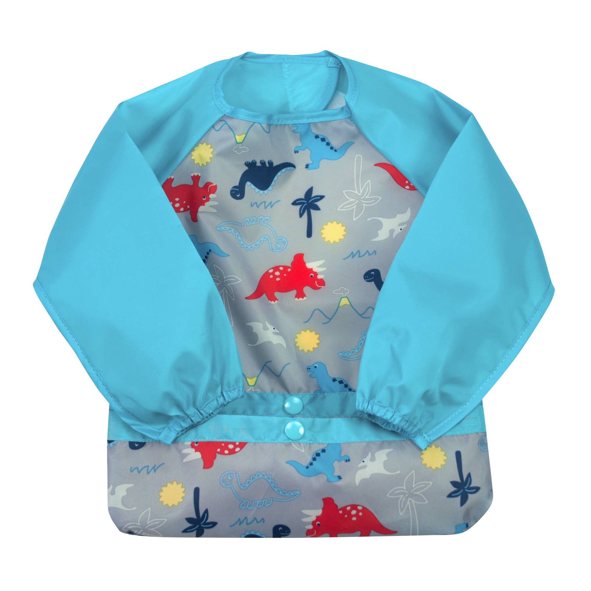 Green Sprouts Dinosaurs Snap & Go long sleeve waterproof bib with elasticized sleeves and hook-and-loop closure