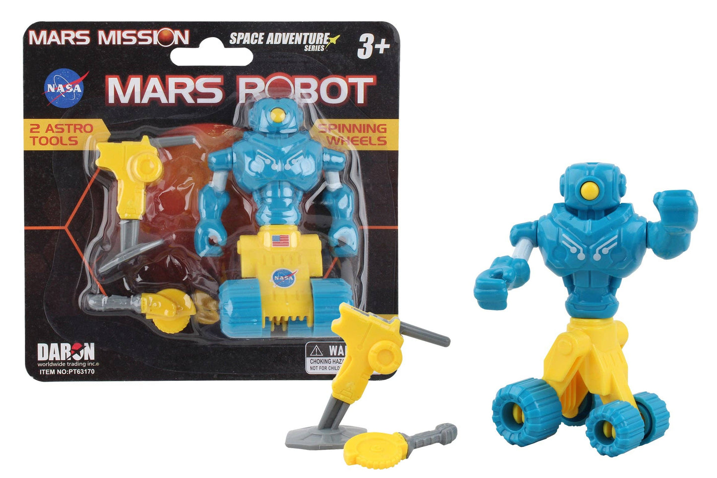 Articulated space robot with spinning wheels and two astro-tools for Mars mission play