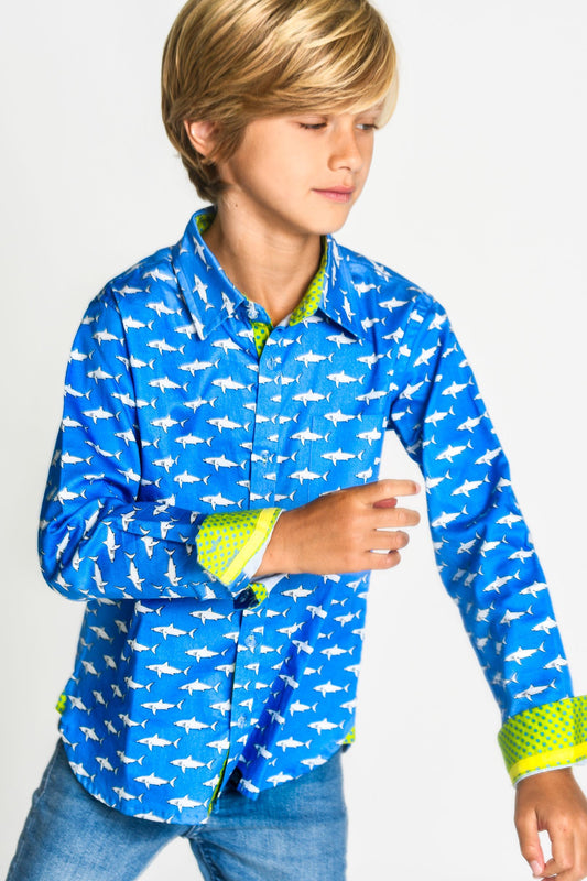 Mako Shark in Blue long-sleeve shirt by TukTuk Designs, 100% cotton with detailed collar and cuff.