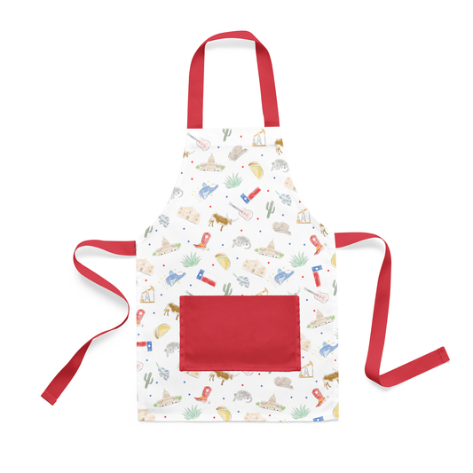 Nola Tawk kids apron, Texas print, organic cotton with adjustable waist ties and neck
