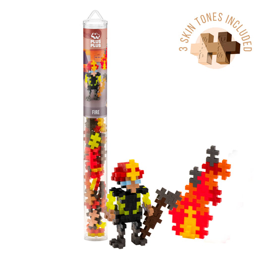 Plus-Plus Firefighter Tube 70pc set with interlocking pieces in yellow, orange, red, and pastel colors; includes travel tube.