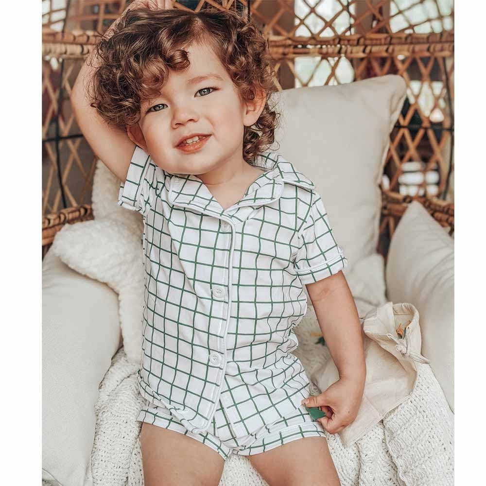 Green and white check button-down short pajama set from SugarBeeBlanks