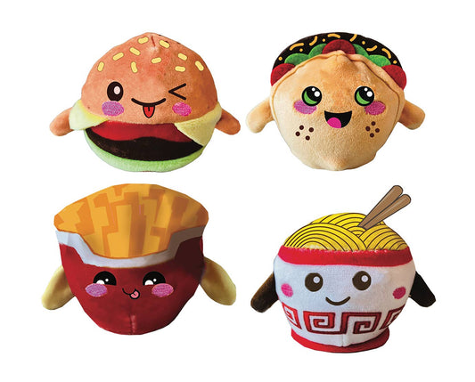 Four plush ball jellies: Taco, Cheeseburger, French Fries, Ramen Soup by Streamline
