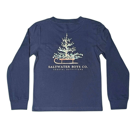 Navy long-sleeve tee with Christmas sled graphic and front pocket detail by Saltwater Boys