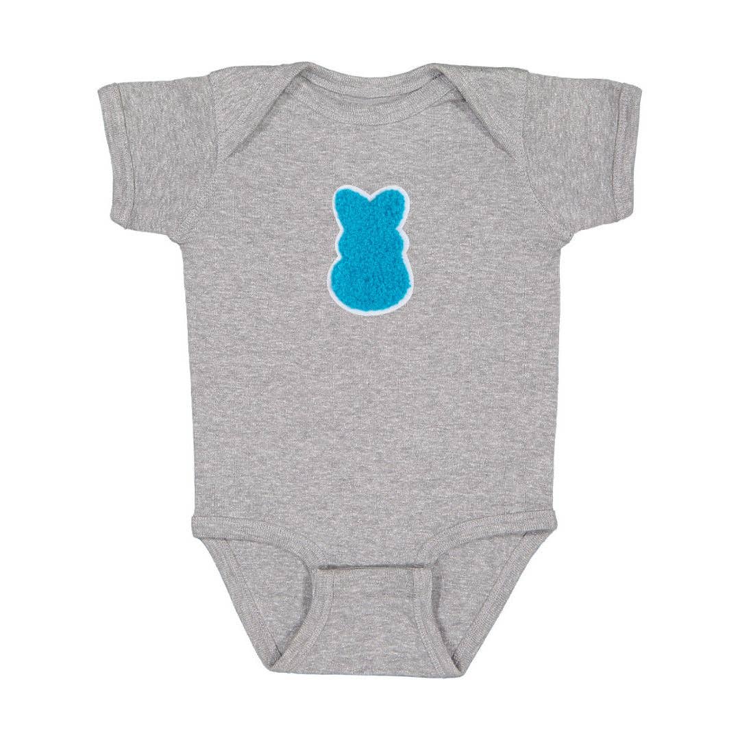 Heather gray cotton bodysuit with blue chenille bunny patch and white outline, snap closure