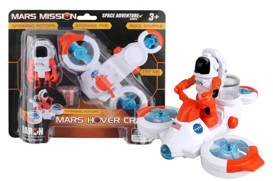 Space Adventure Mars Mission Hovercraft with spinning rotors, astronaut figure, storage pod, and rock samples