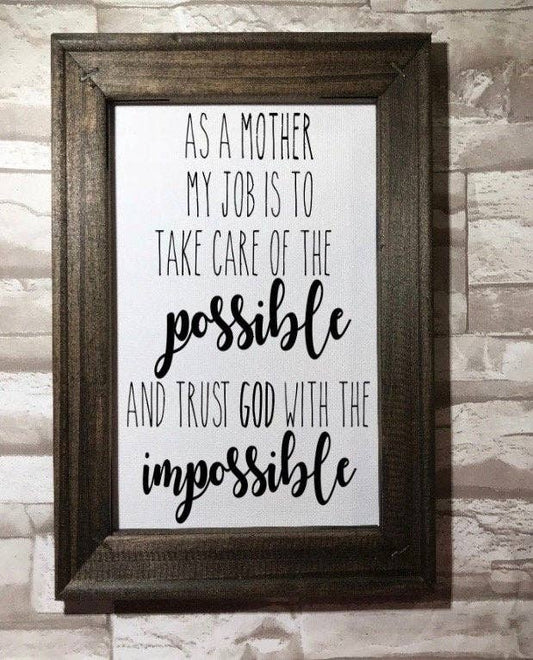 Framed canvas with affirmation text, Dark Walnut stain, includes sawtooth hanger. Works of Panglossian.