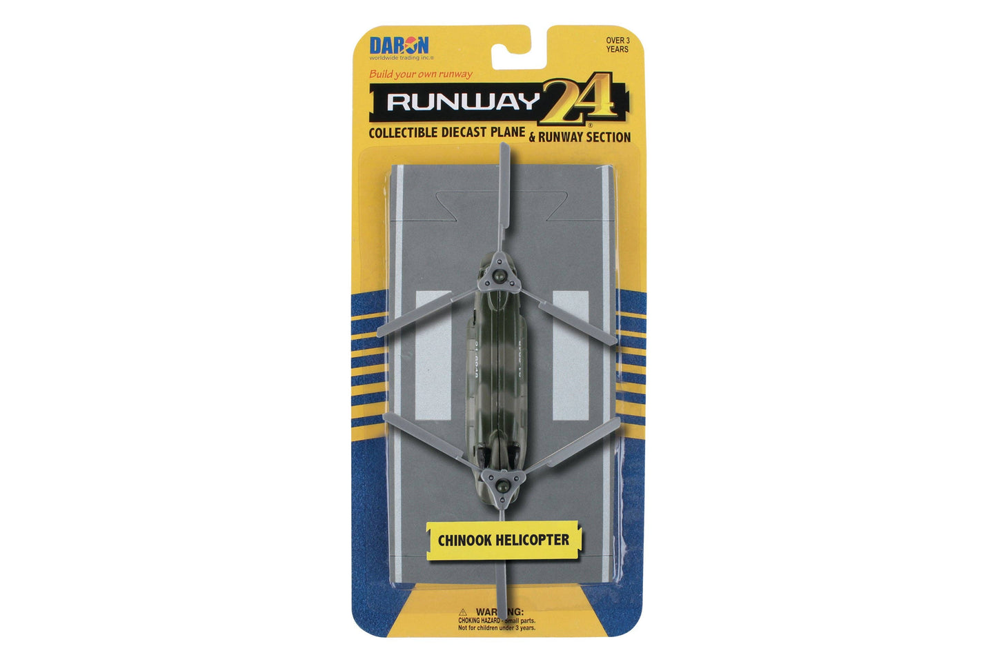 Die-cast CH-47 Chinook helicopter with detailed military markings and flexible rubber runway section