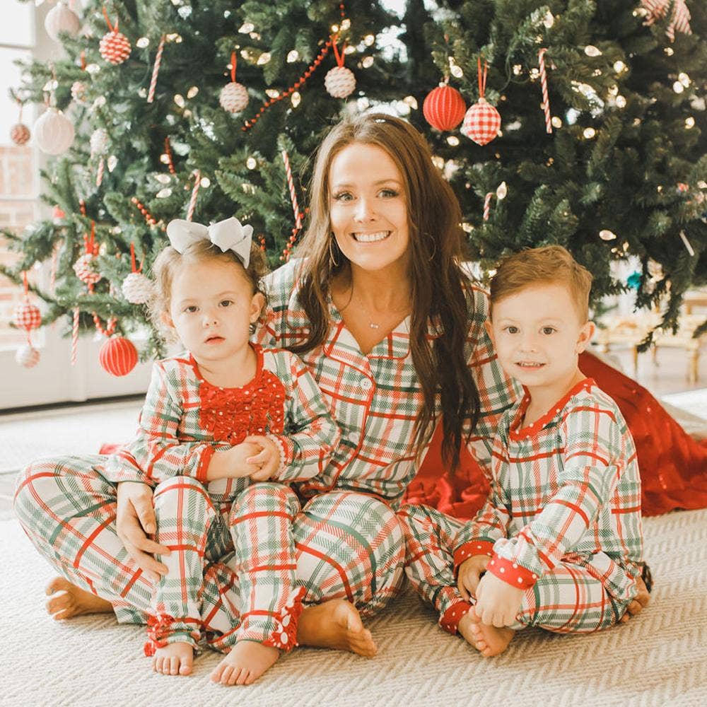 Red and green plaid button-down pajamas by Sugar Bee Clothing